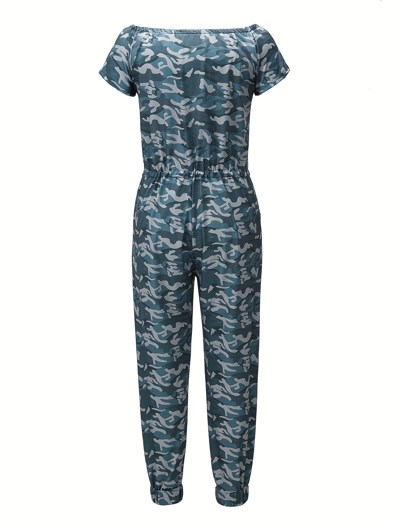 Camo Print Drawstring Jumpsuit Casual Boat Neck Short Sleeve Jumpsuit