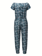 Camo Print Drawstring Jumpsuit Casual Boat Neck Short Sleeve Jumpsuit