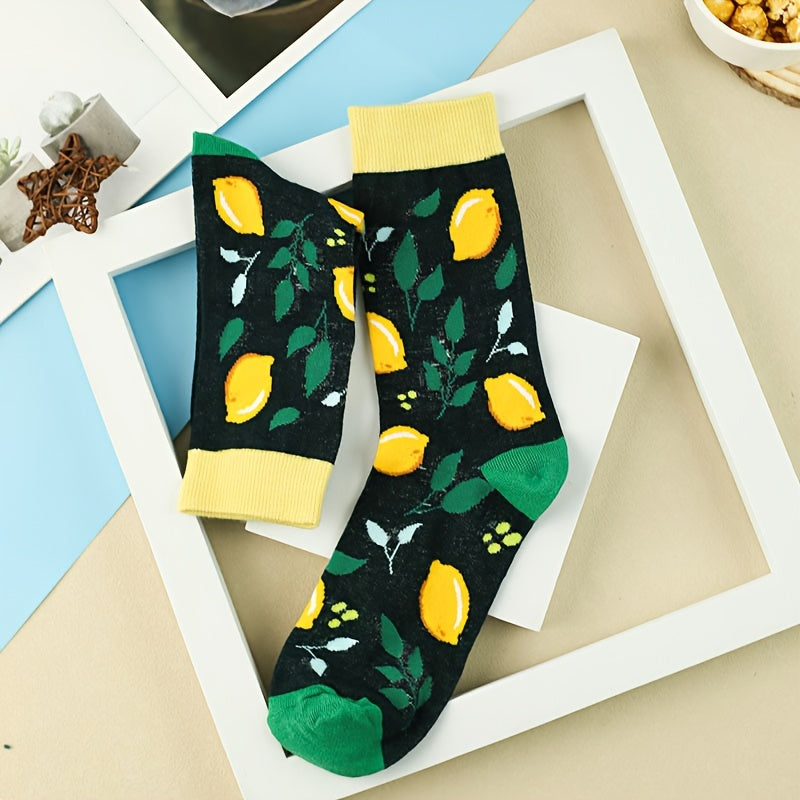 3 Pairs Lemon Print Socks Comfy & Breathable Mid Tube Socks Women's Stockings