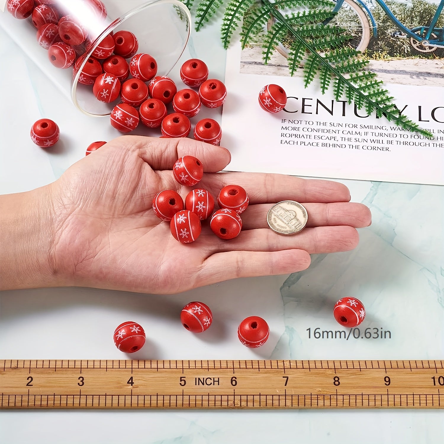 40Pcs Christmas Wood Beads 16mm Red Snowflake Pattern Wooden Spacer Beads