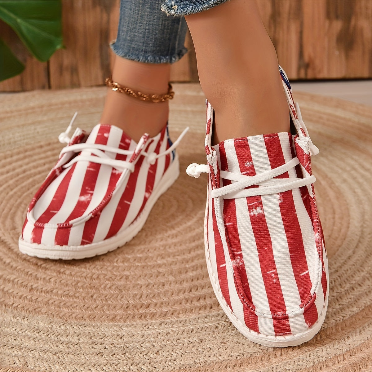 Women's Stars & Striped Pattern Canvas Shoes Casual Lace Up Flat Loafers