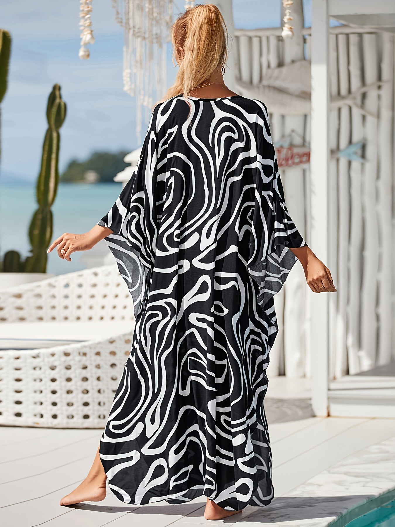  Abstract Linear Print V Neck Kaftan Dress