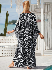  Abstract Linear Print V Neck Kaftan Dress