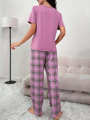 Plaid Pajama Set Short Sleeve Top & Pants Women's Sleepwear