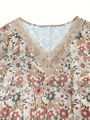  Floral Print Lace Sleeve V Neck Pleated Dress With Pockets
