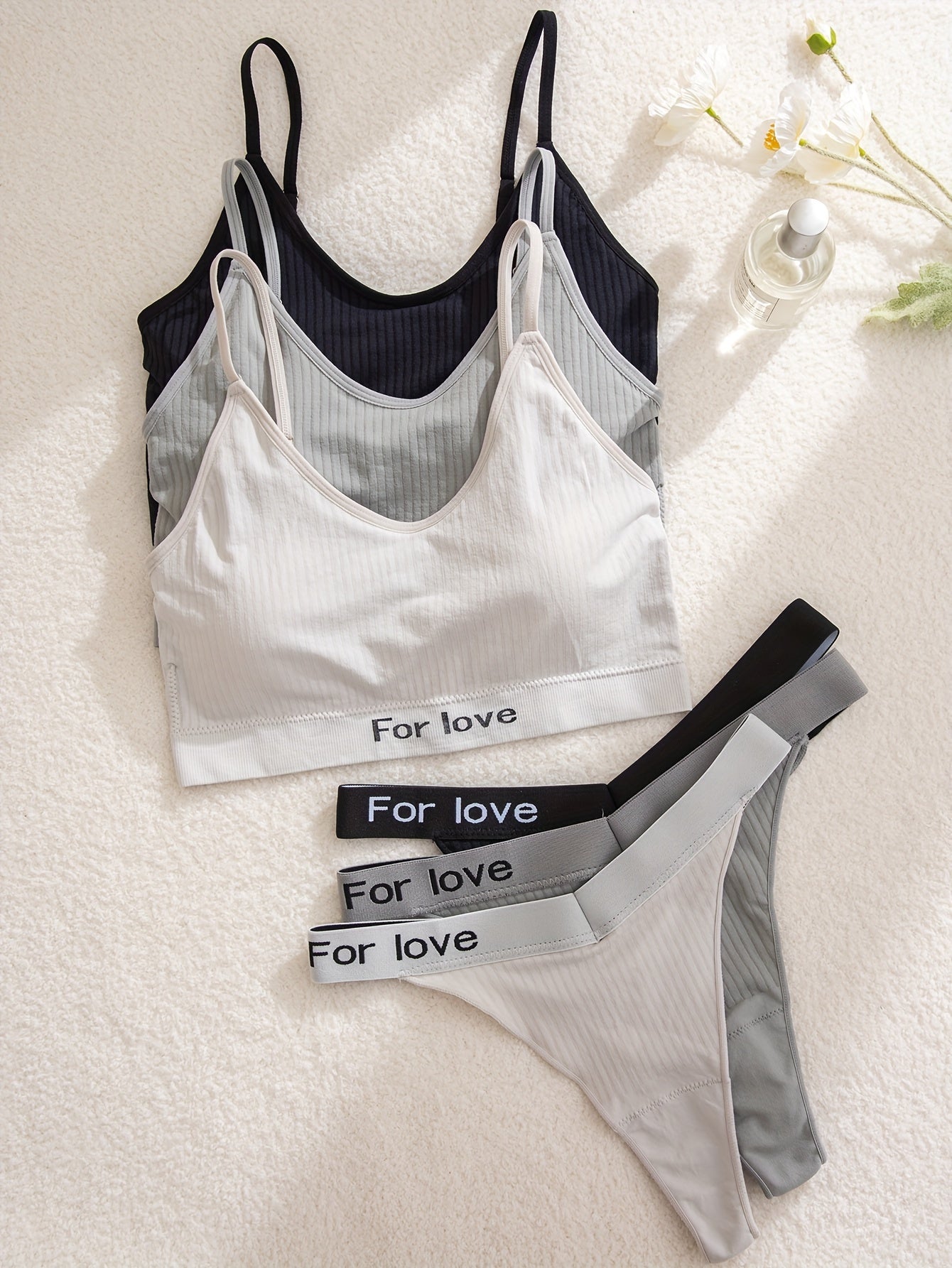 3 Sets Push Up Bra & Elastic Thongs Lingerie Set