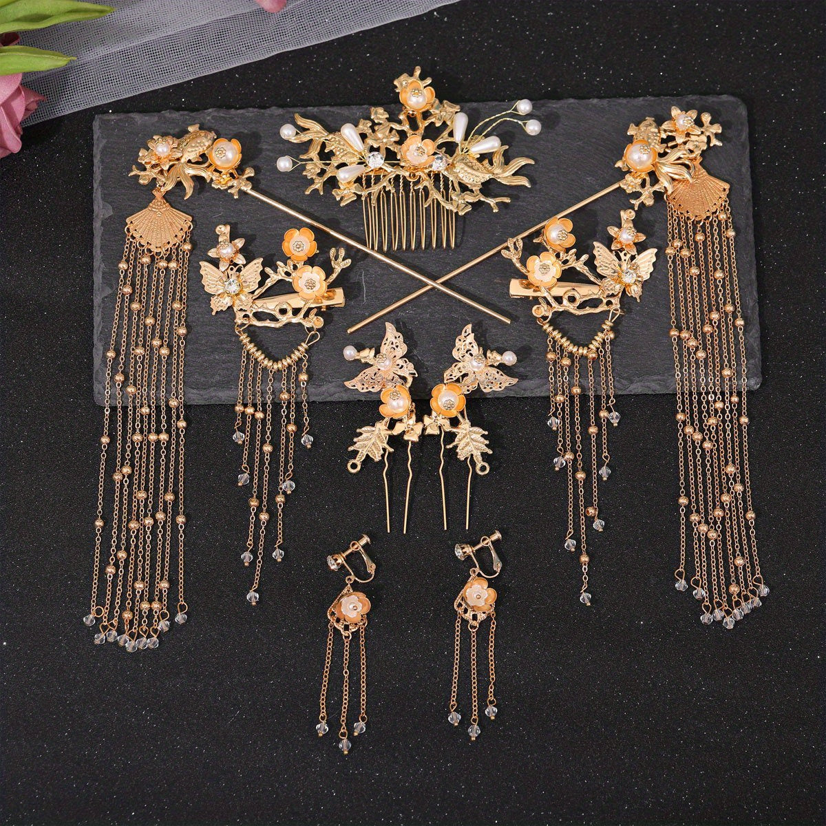 Golden Butterflies Hairpin Wedding Bride Hair Comb