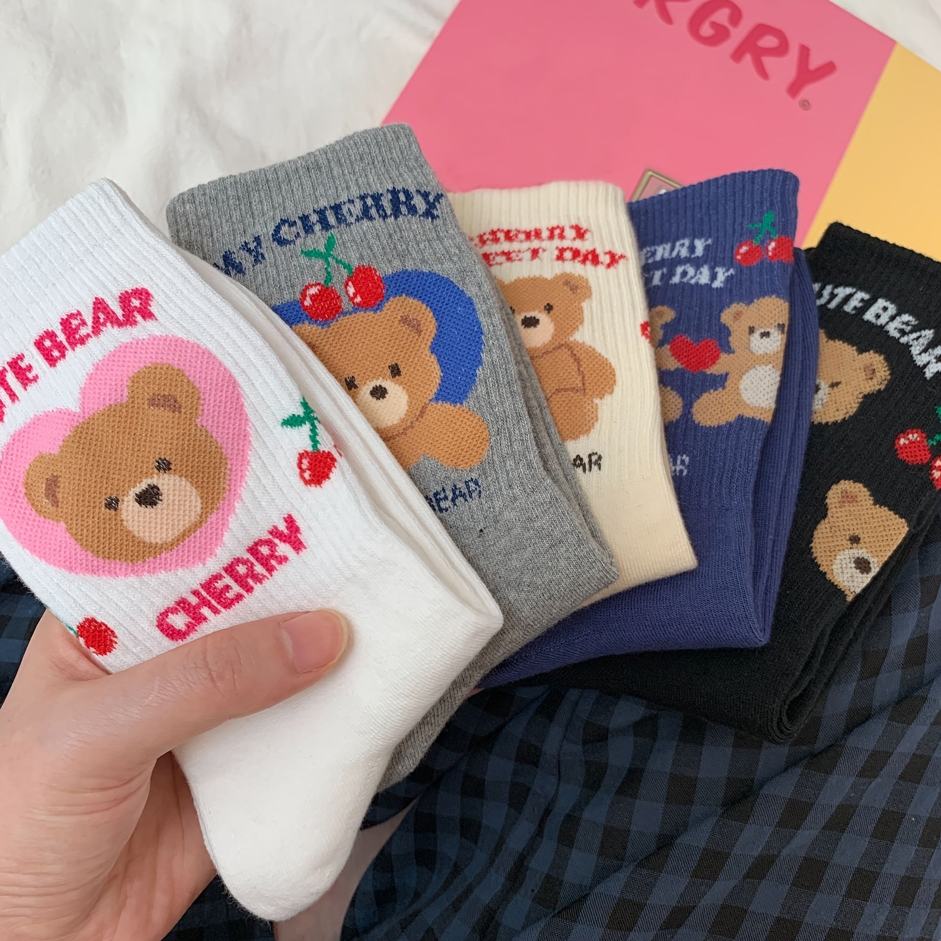 5 Pairs Cartoon Bear Print Socks Soft Mid Tube Women's Stockings