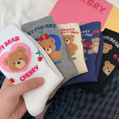 5 Pairs Cartoon Bear Print Socks Soft Mid Tube Women's Stockings