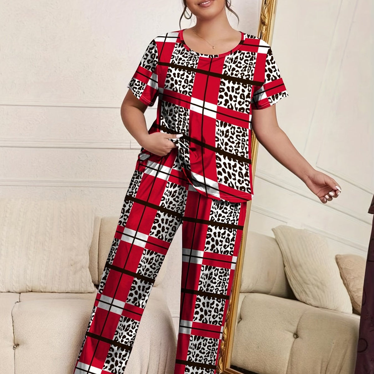  Leopard & Stripe Print Pajama Set Women's Tee & Pants