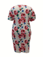 Plus Floral Print Short Sleeve V Neck High Stretch Dress With Pockets