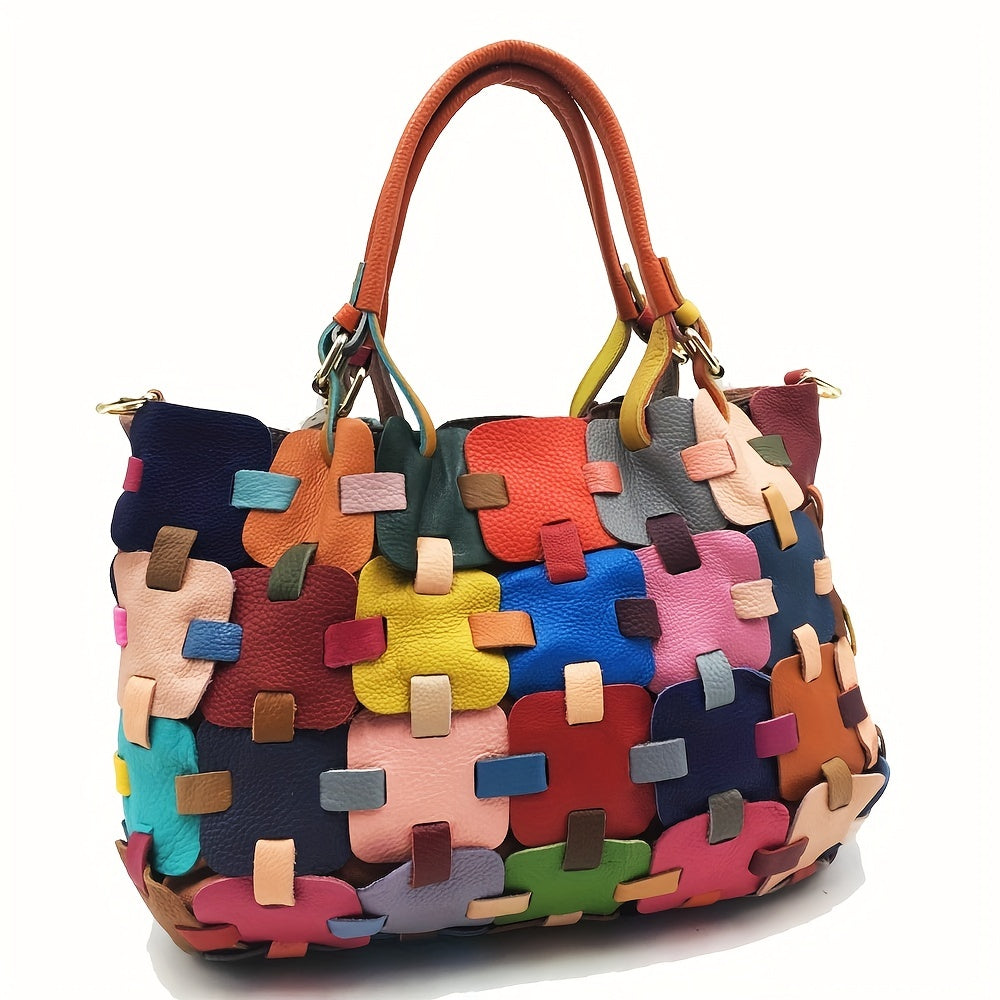Patchwork Tote Bag Leather Shoulder Bag Casual Commuter Bag