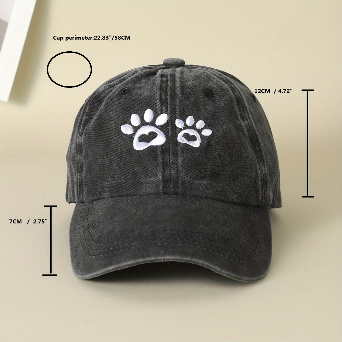 Gray Paw Print Embroidery Baseball Cap Distressed Dad Hat