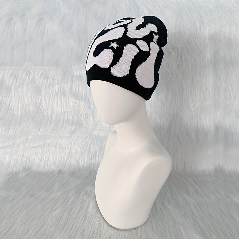 Y2K Knitted Beanie Hip Hop Letter Jacquard Warm Skull Cap