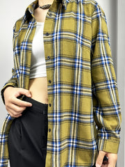  Plaid Print Side Split Long Sleeve Button Up Tunic Shirt Top