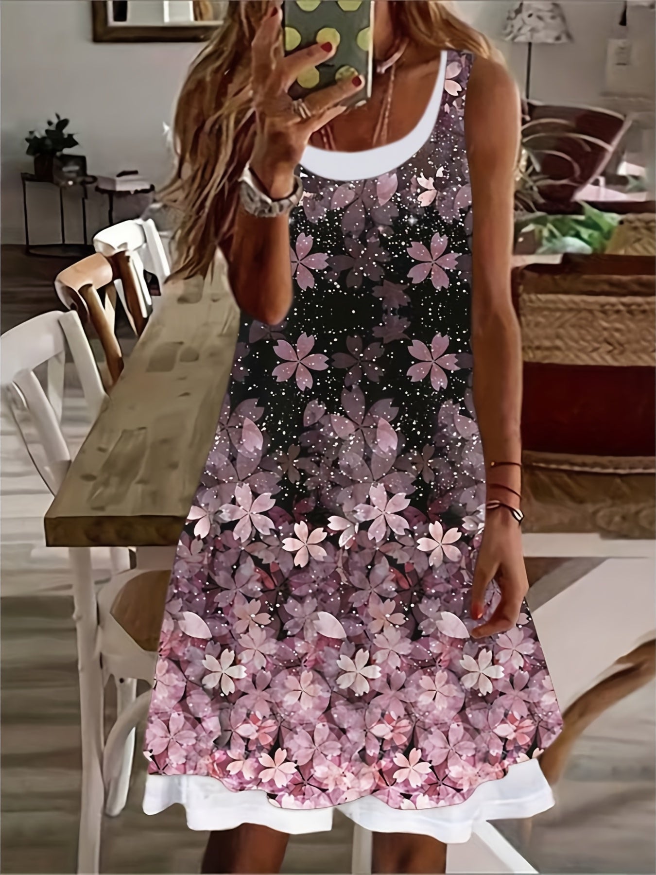 Colorblock Floral Print Round Neck Tank Dress