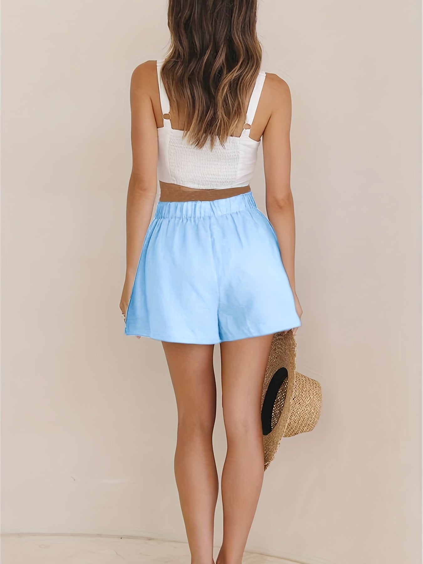 Solid Wide Leg Shorts Tie Waist Elastic Comfy Summer Women's Clothing