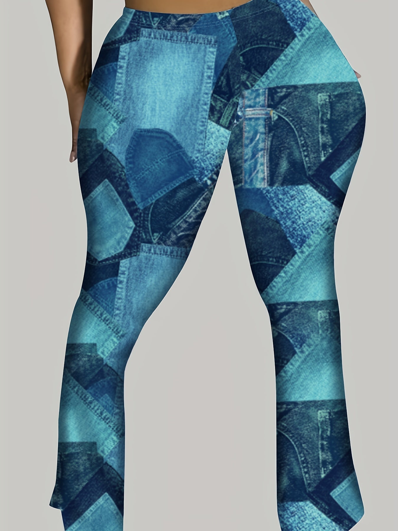  Denim Print High Rise Flared Leg Trousers