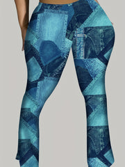 Denim Print High Rise Flared Leg Trousers