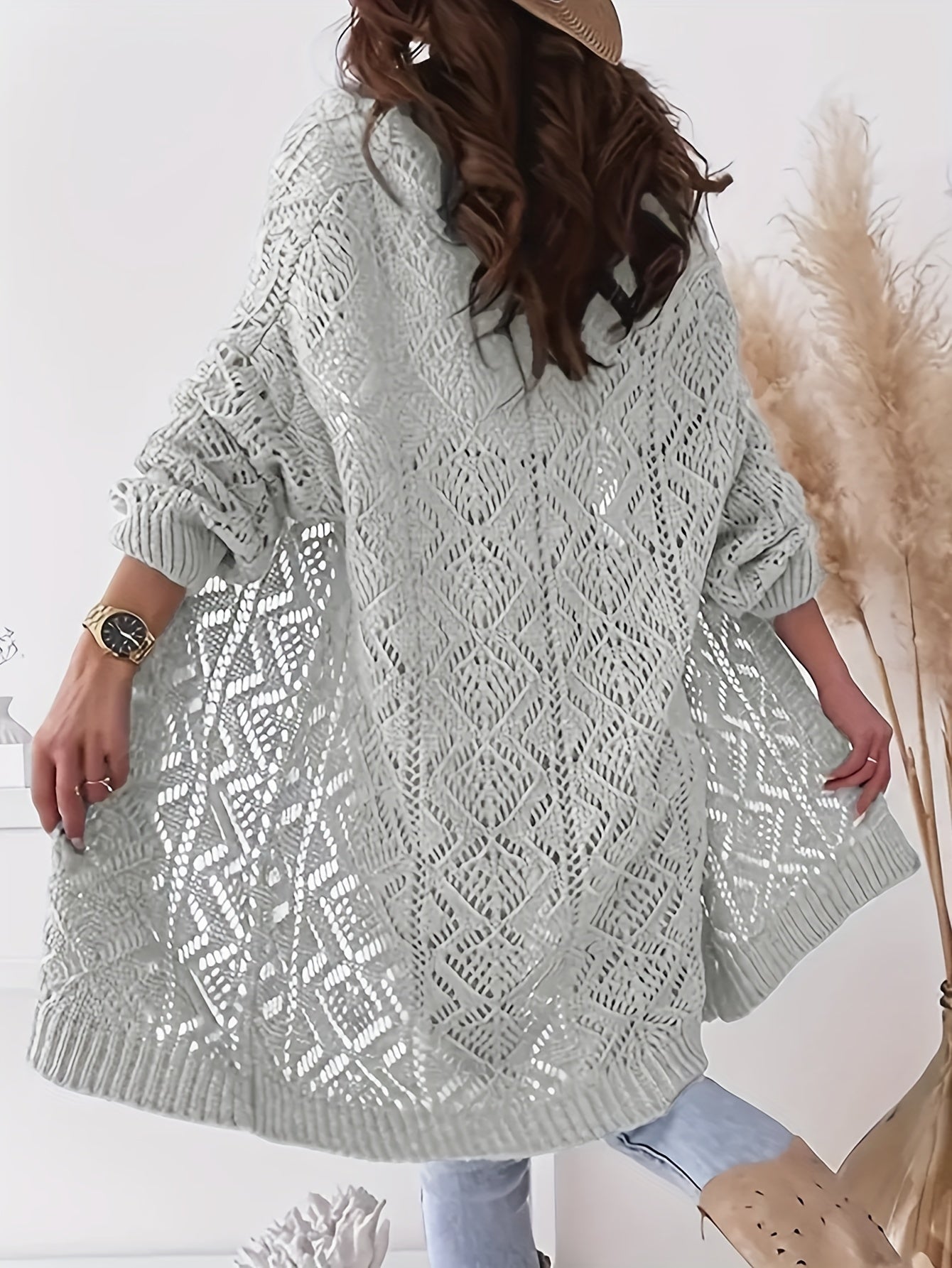  Solid Long Sleeve Open Front Knitted Sweater Cardigan
