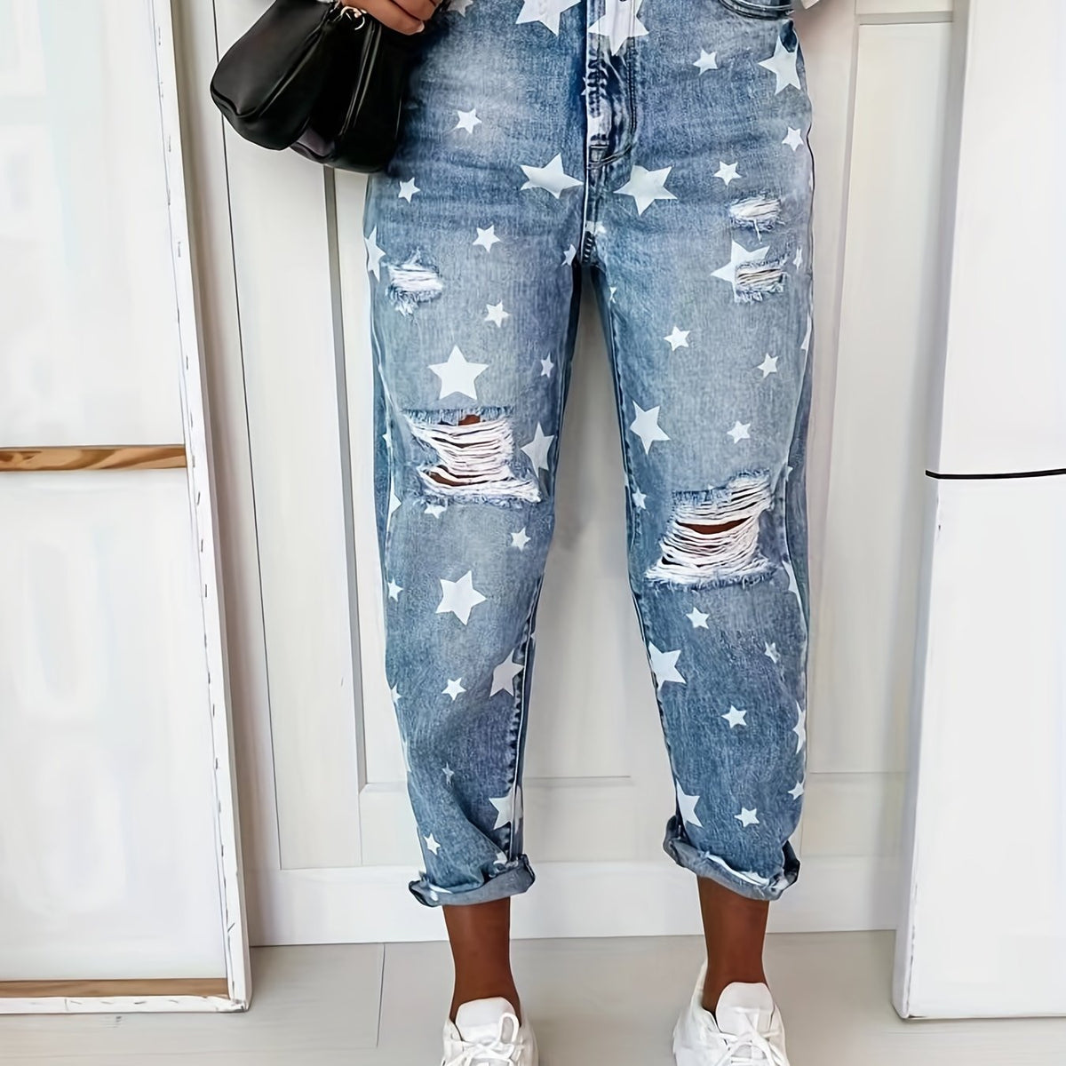  Star Print Ripped High Rise Tapered Leg Jeans