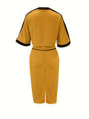 Contrast Trim Two piece Skirt Set Half Sleeve Crop Top & Bodycon Skirt
