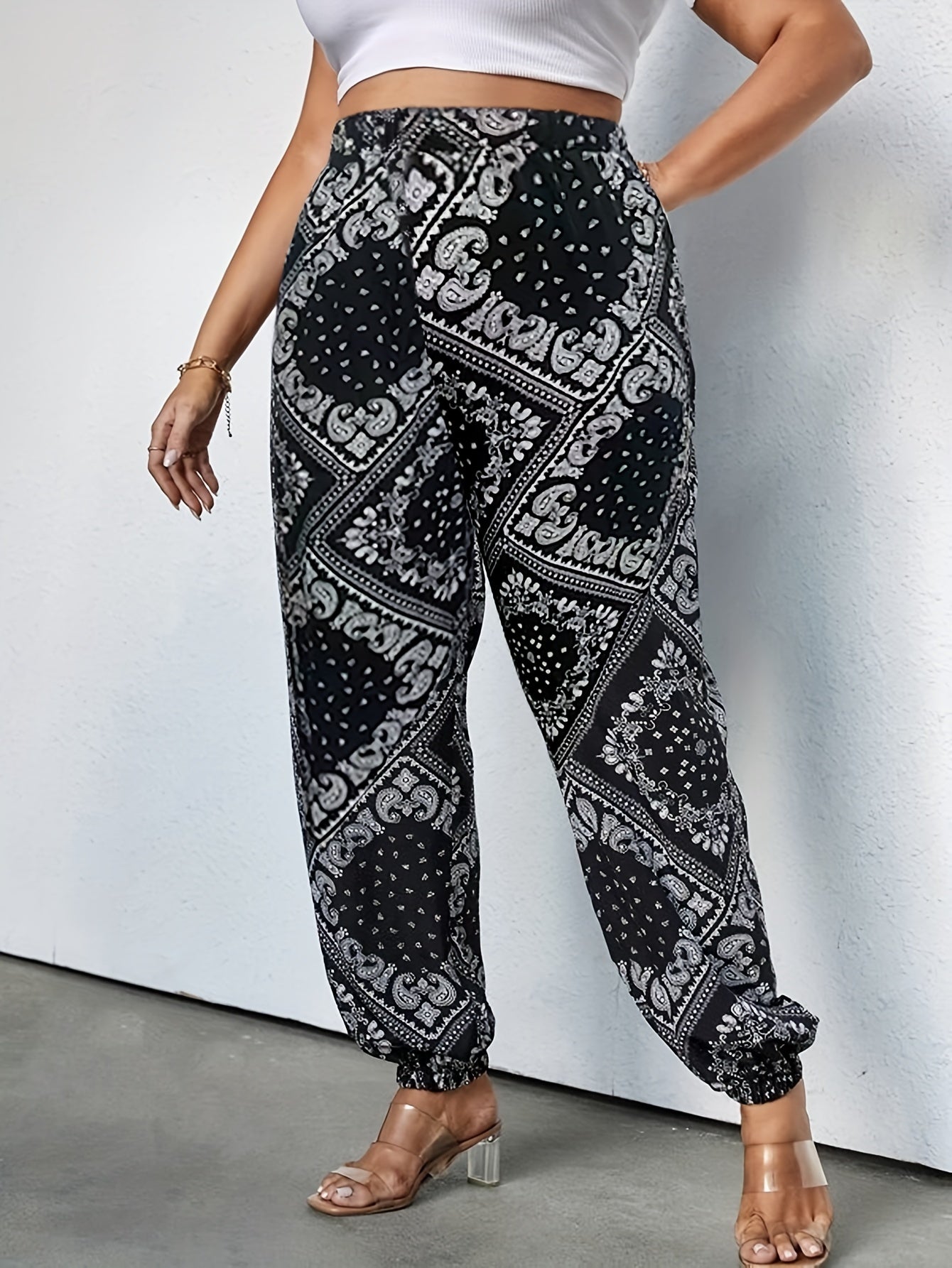  Boho Pants Women's Plus Scarf Print Tapered Leg Trou