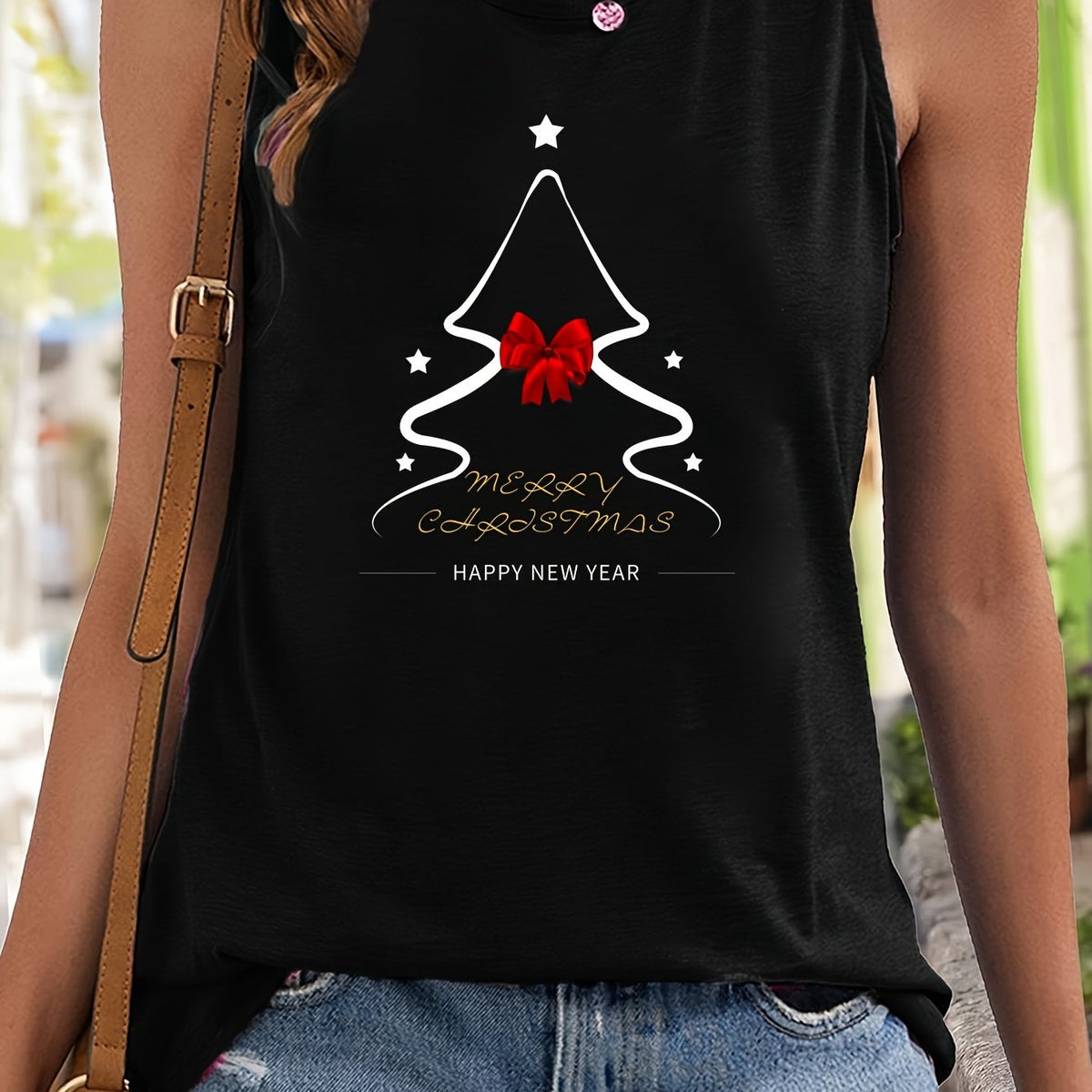 Christmas Tree & Star Sleeveless Sports Vest Round Neck Stretchy Casual Top