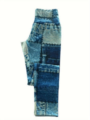  Colorblock Denim Print High Rise Leggings
