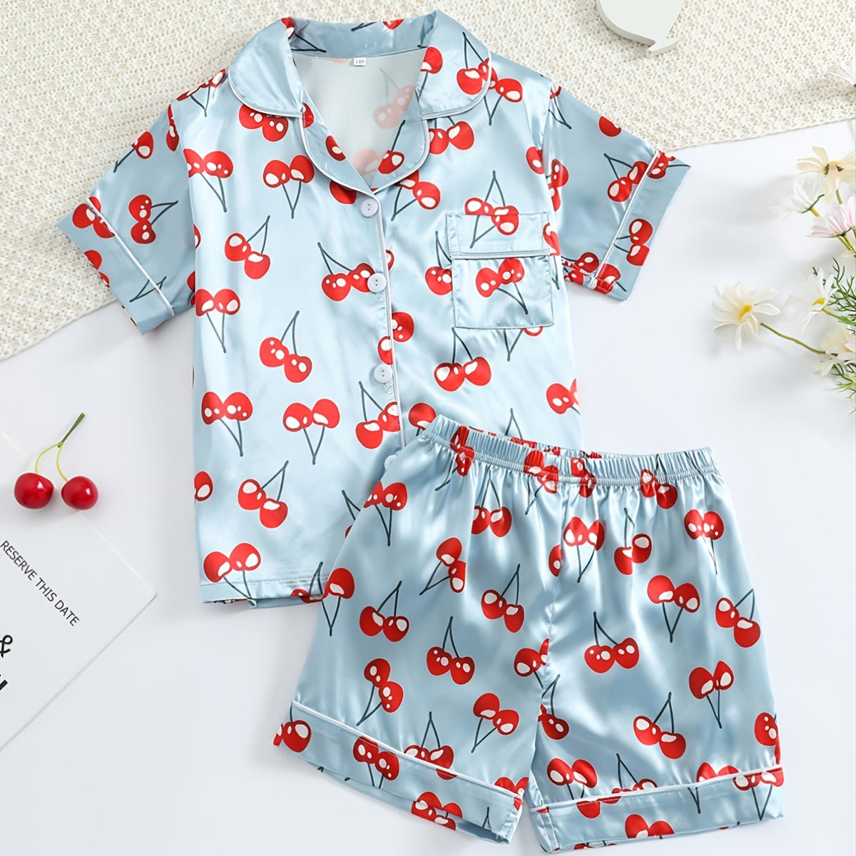 Girls Cherry Print Short Sleeve Shorts Pajama Set