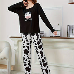 Cow Print Lounge Set Crew Neck Top & Lounge Pants Women's Loungewear