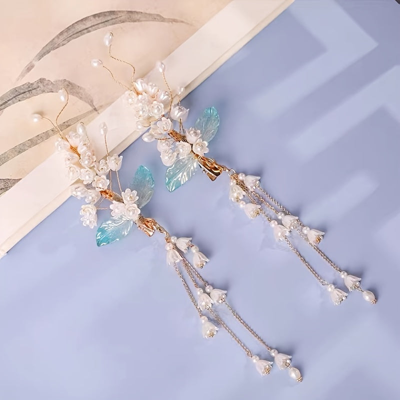 Vintage Chinese Style Hanfu Hairpin with Faux Pearl Flower Leaf