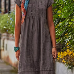 Vintage Ruched Dress Crew Neck Short Sleeve