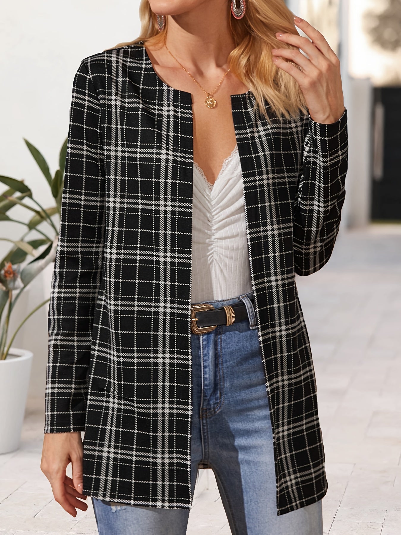 Plaid Print Open Front Jacket Long Sleeve Outerwear