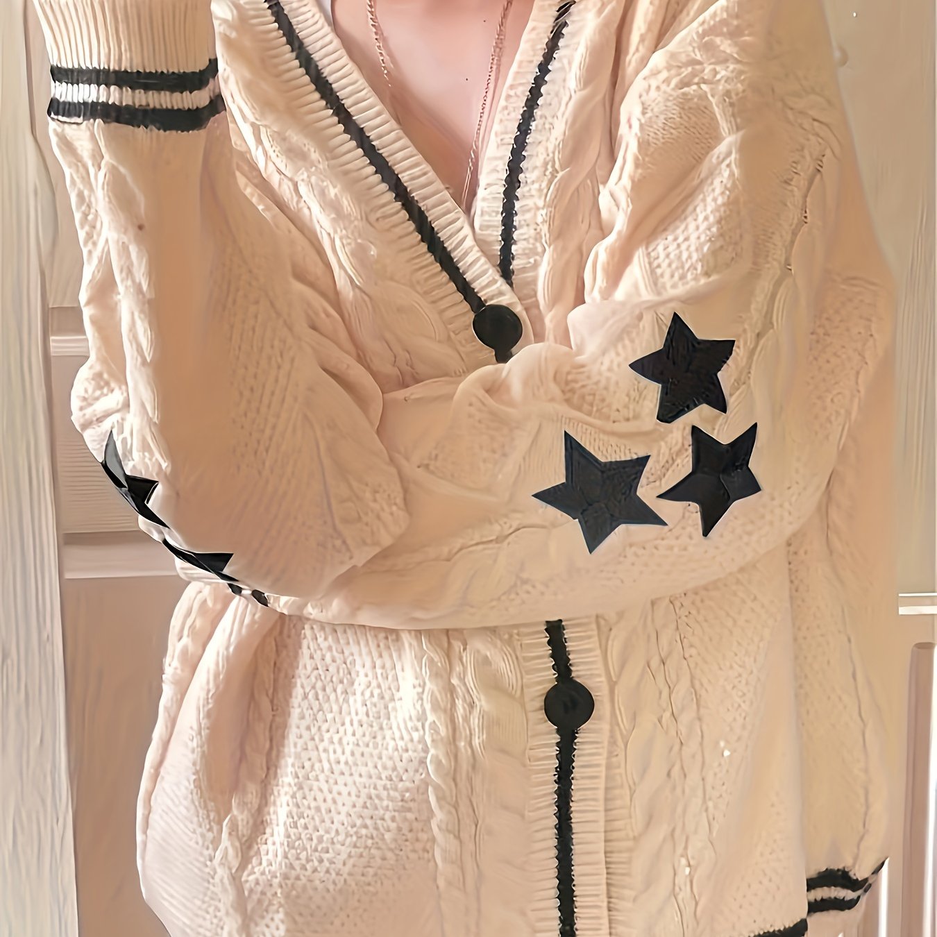 Women's Plus Star Print Cable Button Cardigan