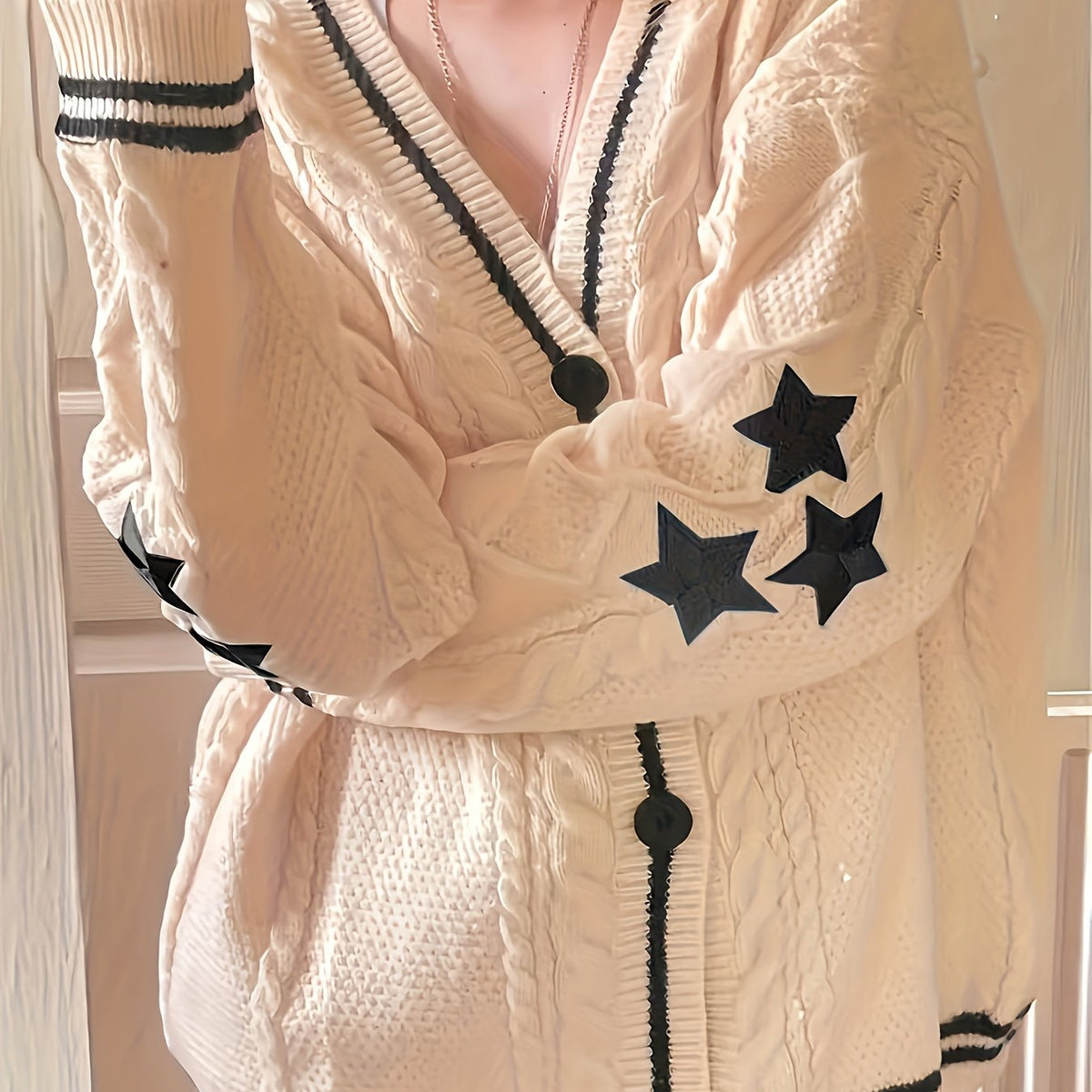 Women's Plus Star Print Cable Button Cardigan