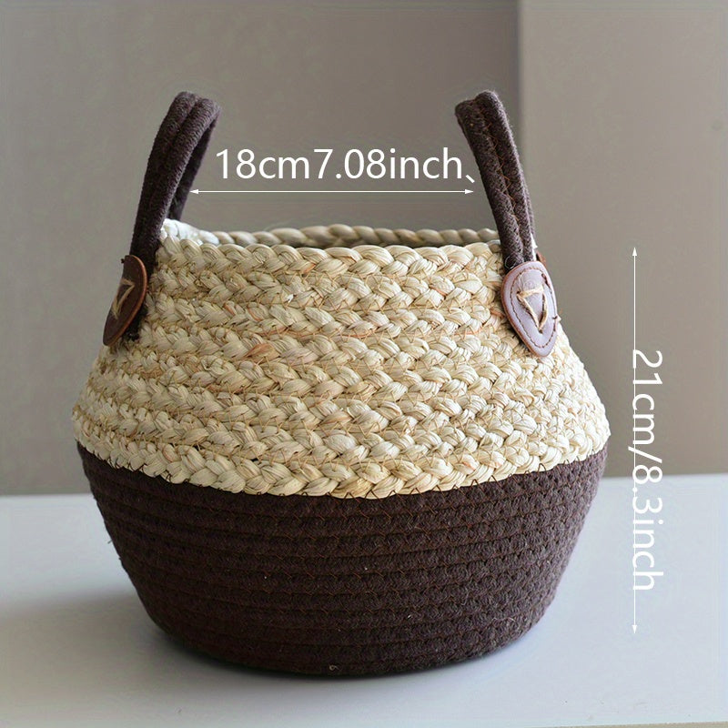 Hand-Woven Straw Basket with Handle Large Plant Storage Box