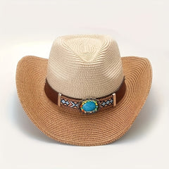 Bohemian Stone Studded Cowboy Straw Hat for Sun Protection