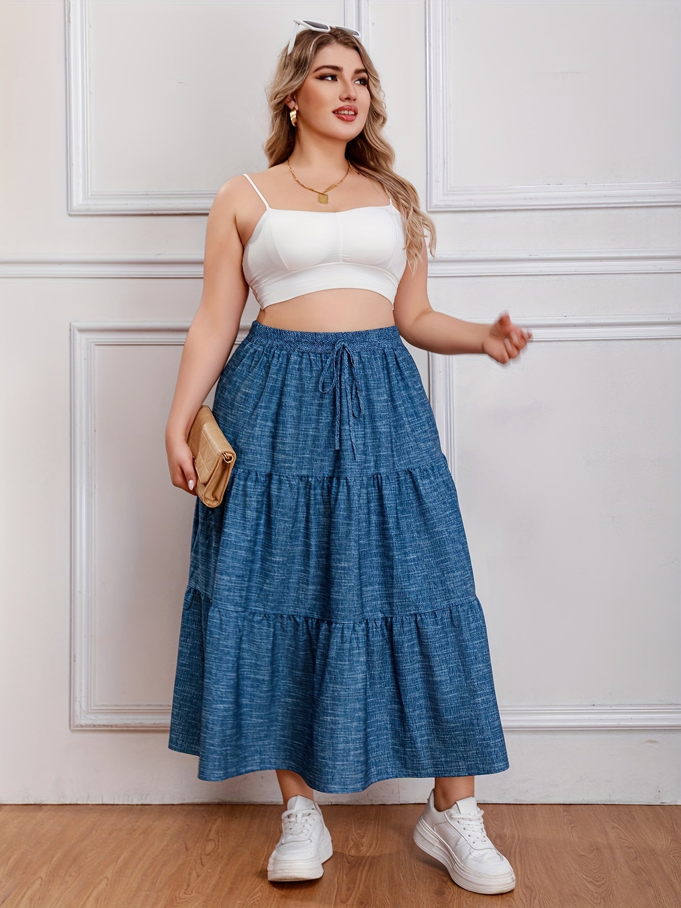  Denim Print Drawstring Elastic High Rise Maxi Skirt