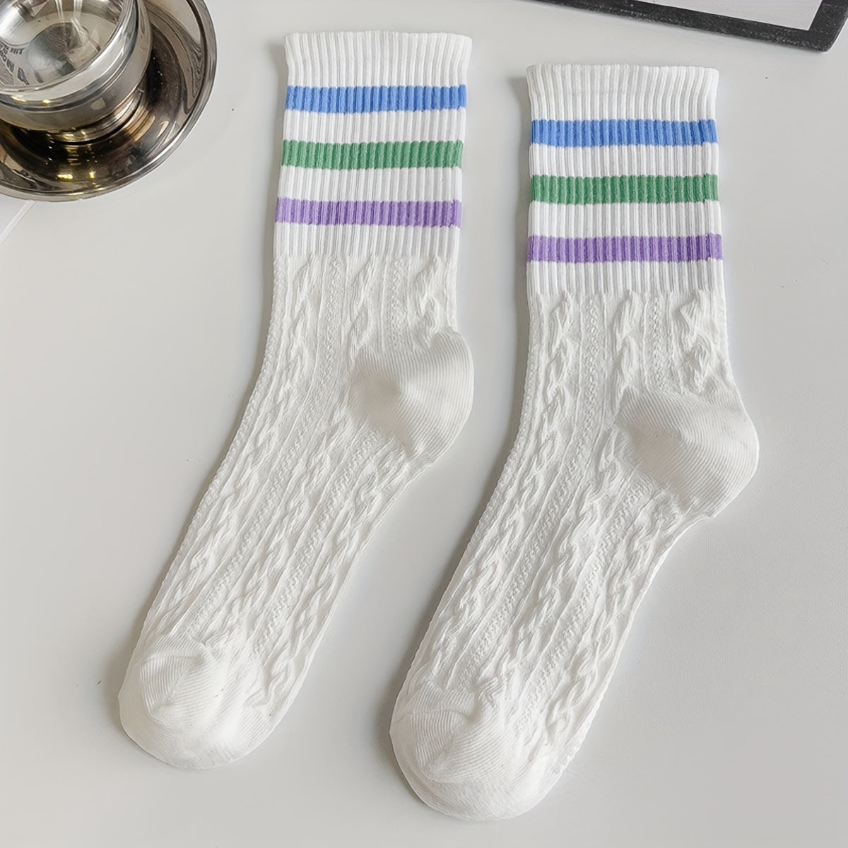4-Pair Striped Sports Socks for Women Comfortable Mid Tube Stockings