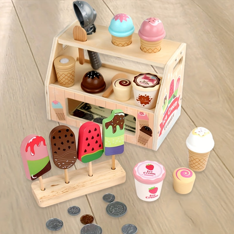 Wooden Ice Cream Counter Playset for Girls Kitchen Toys Gift for 3-6 Years Old