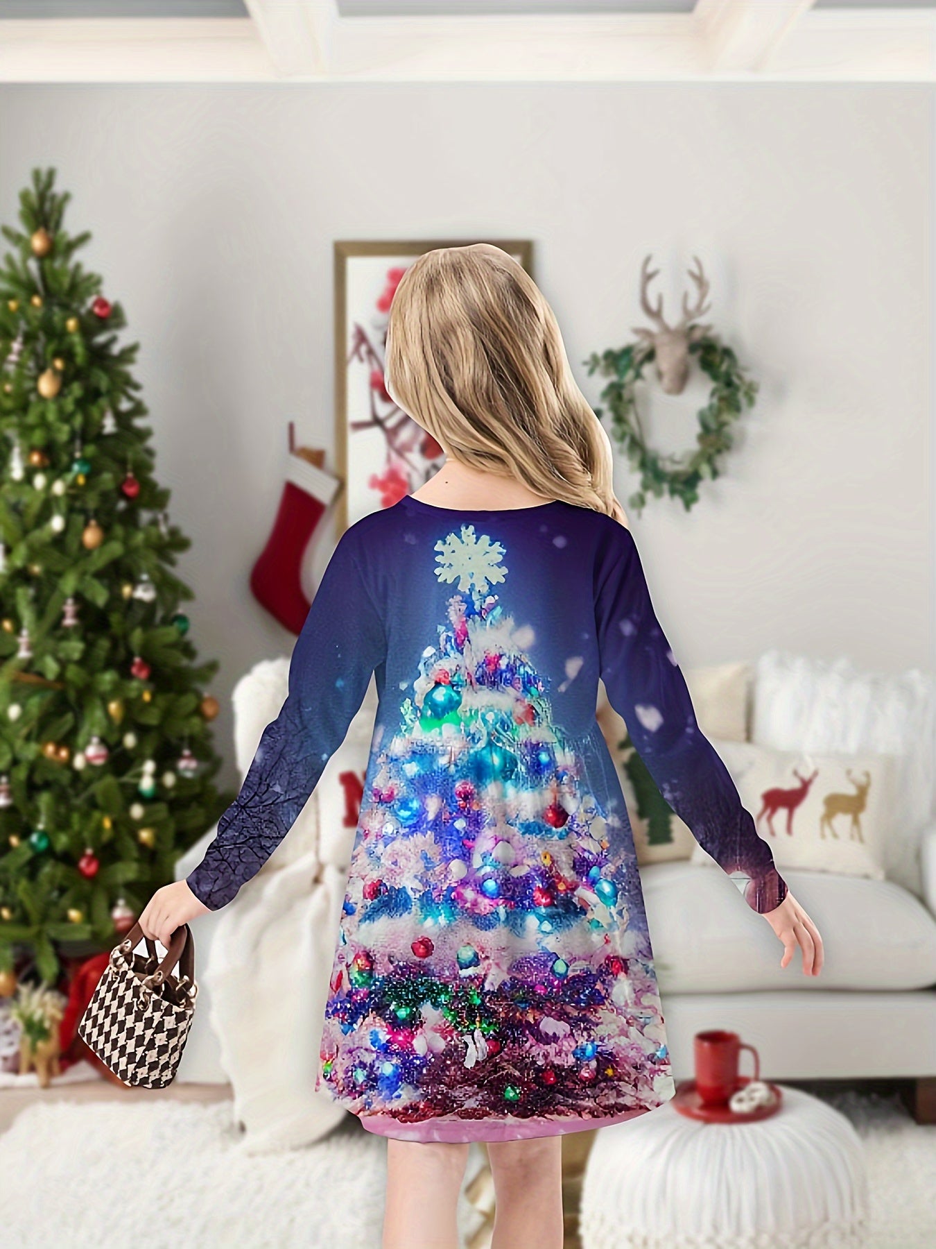 3D Christmas Tree Print Long Sleeve Dress Girls Dreamy Dress For Spring Fall