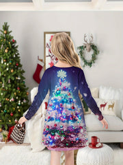 3D Christmas Tree Print Long Sleeve Dress Girls Dreamy Dress For Spring Fall