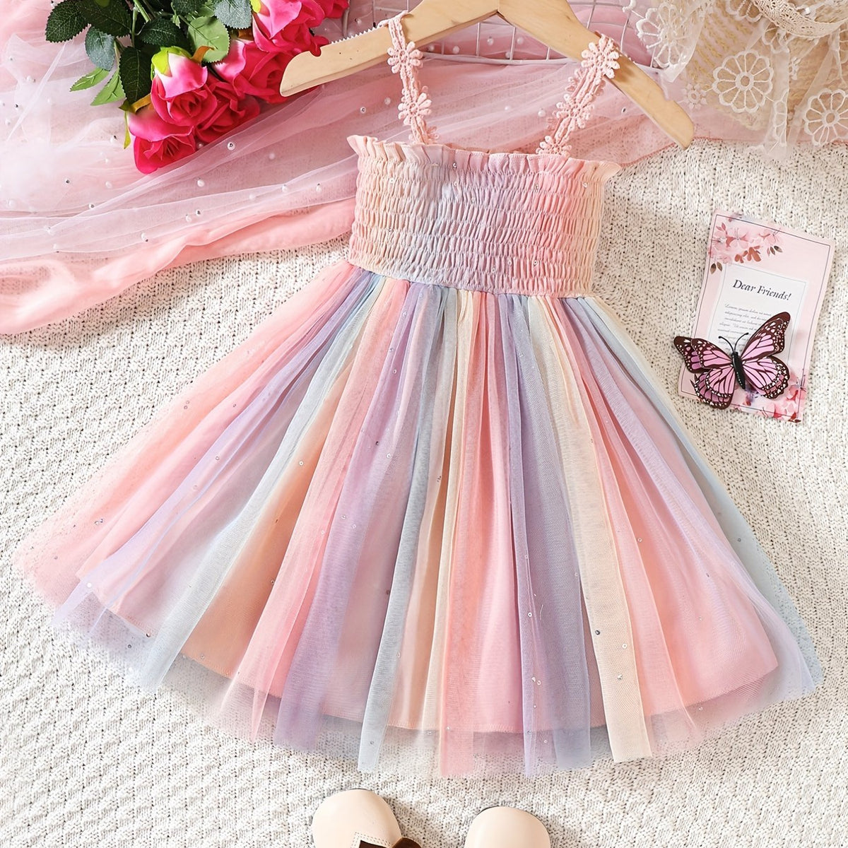 Toddler Girls Frill Trim Cami Princess Dress For Party Beach Vacation