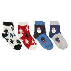4 Pairs Snowman Print Socks Women's Christmas Crew Stockings
