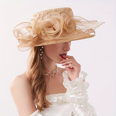 Wide Brim Organza Sun Hat Mesh Flower Breathable Derby Hat