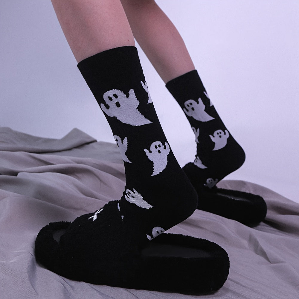 2 Pairs Cartoon Ghost Socks & Funny Halloween Crew Socks Women's Stockings