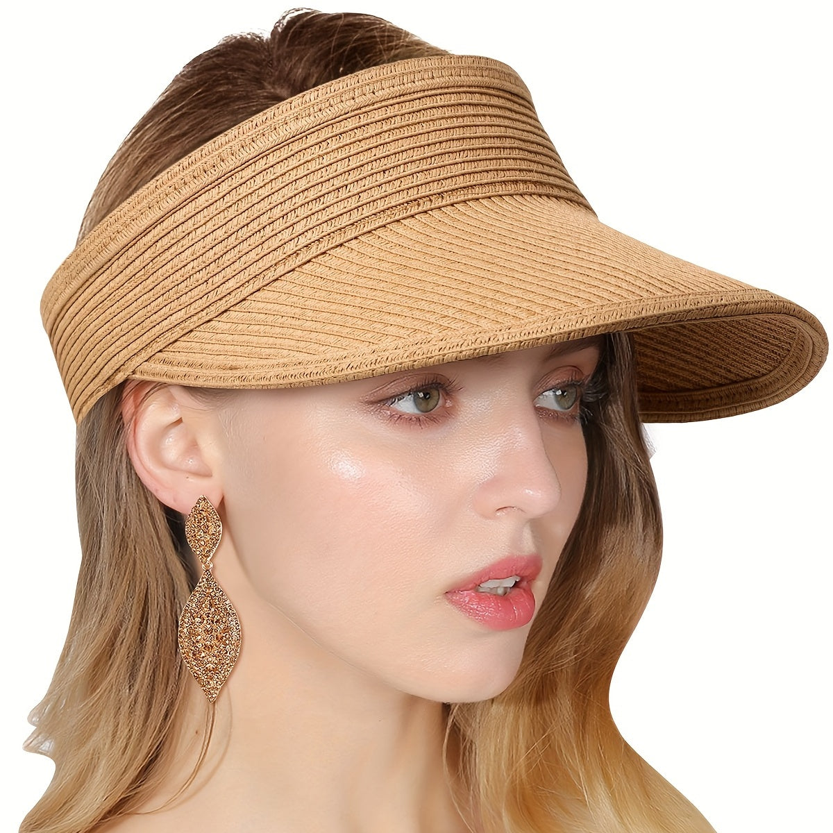 Solid Straw Visor Hat Foldable UV Protection Sun Hat for Women