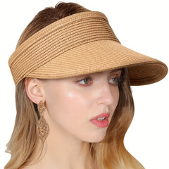 Solid Straw Visor Hat Foldable UV Protection Sun Hat for Women