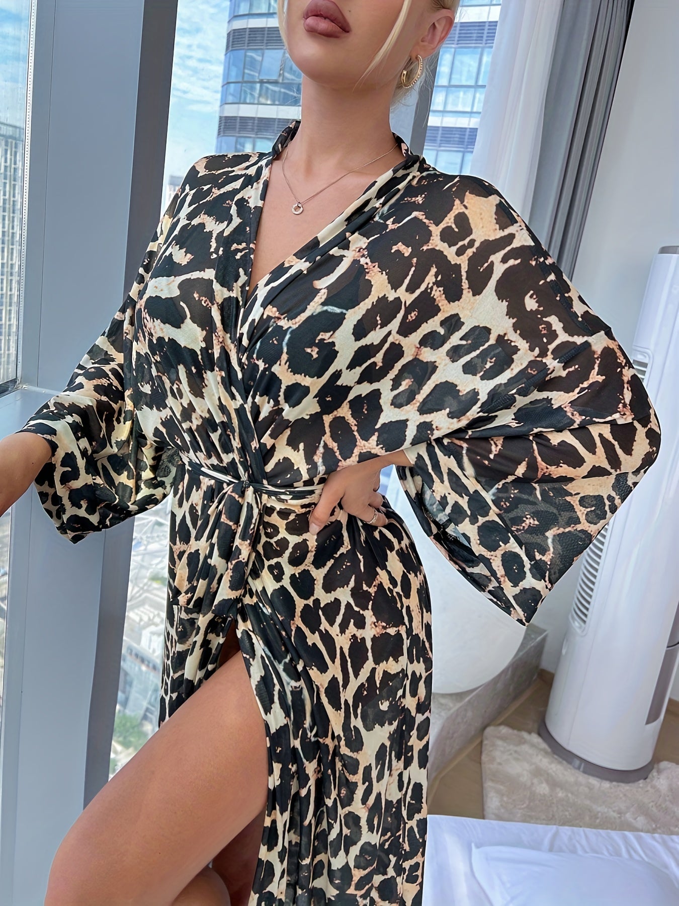 Leopard Mesh Robe Long Sleeve V Neck Belt Women's Lingerie